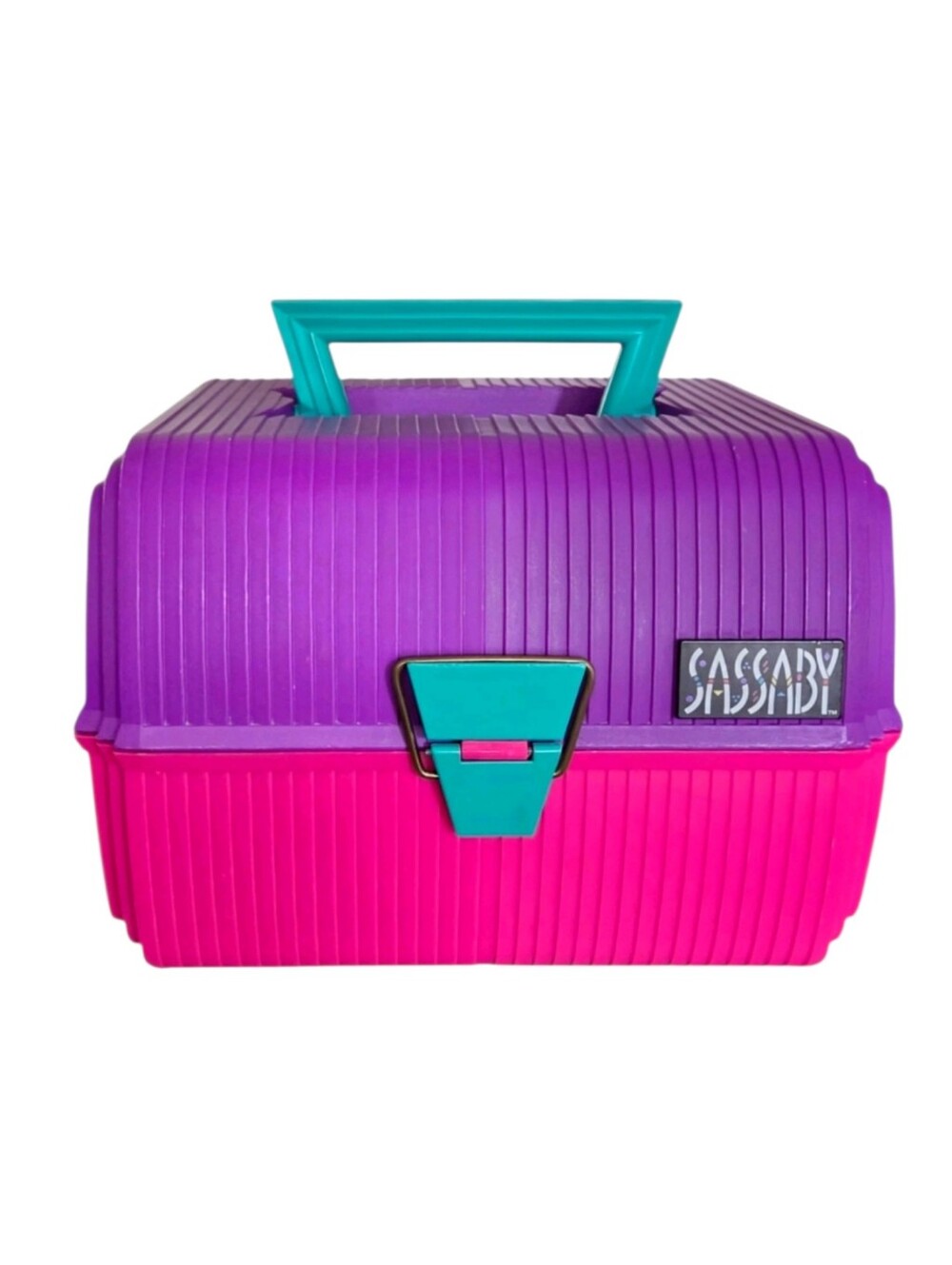 Vintage Sassaby makeup organizer cosmetics case purple pink flip-up mirror